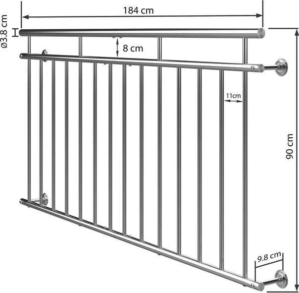 Corrimão francês para varanda em aço inoxidável 90 x 184 cm Prateado
