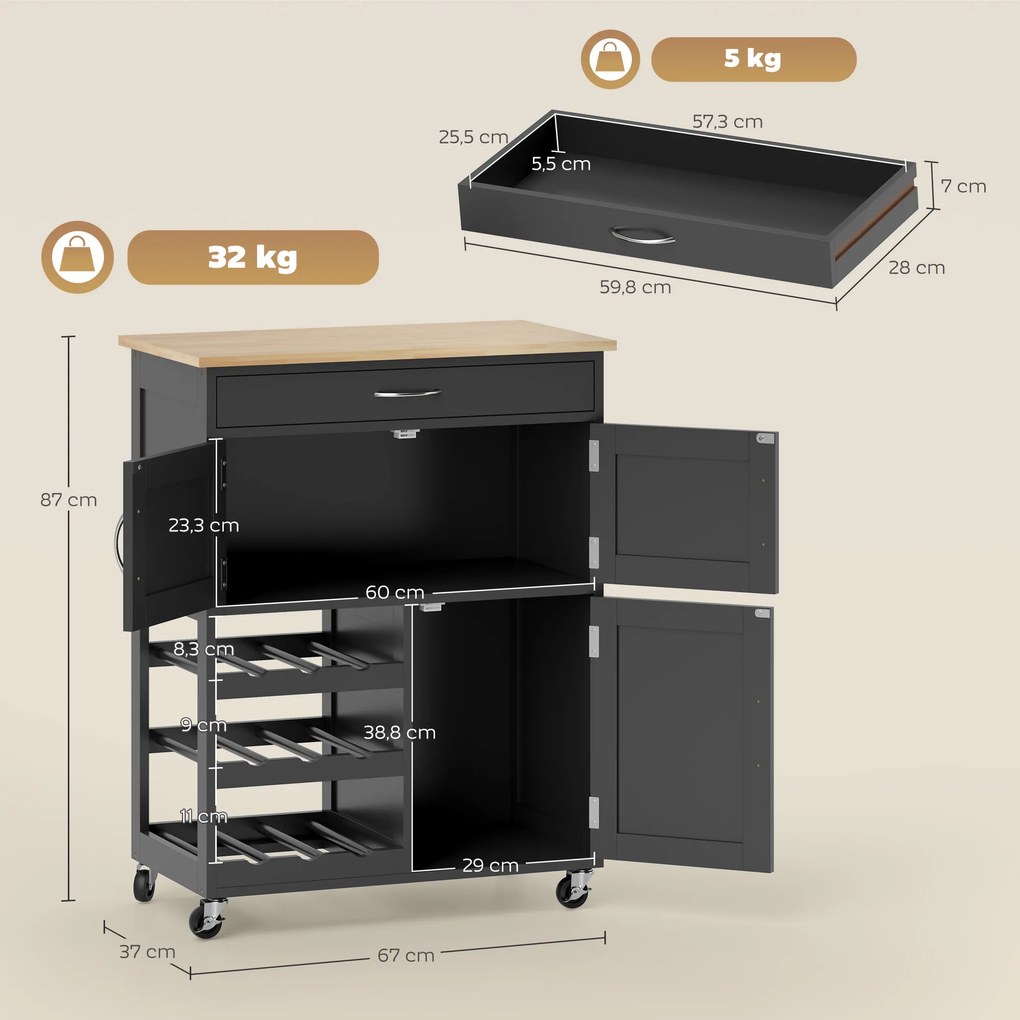 Carrinho de Cozinha com Rodas 2 Armários de Arrumação Gaveta e 3 Prateleiras Abertas para 9 Garrafas 67x37x87 cm Preto