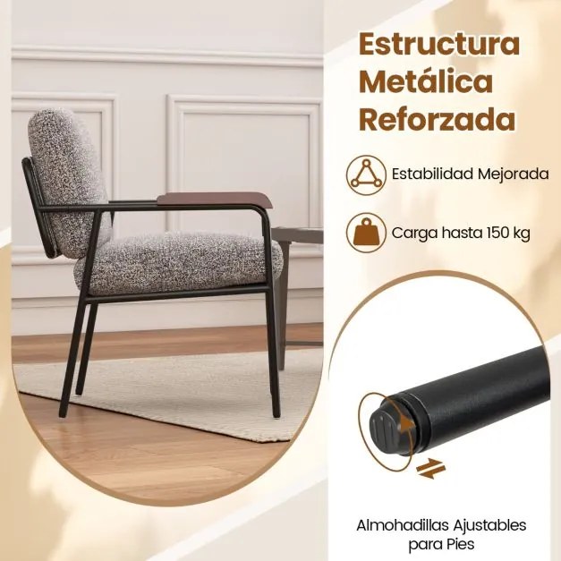 Poltrona com Almofada de Encosto Assento Acolchoado Apoio de Braços em Madeira Maciça de Borracha com Estrutura em Metal Cinza e Preto