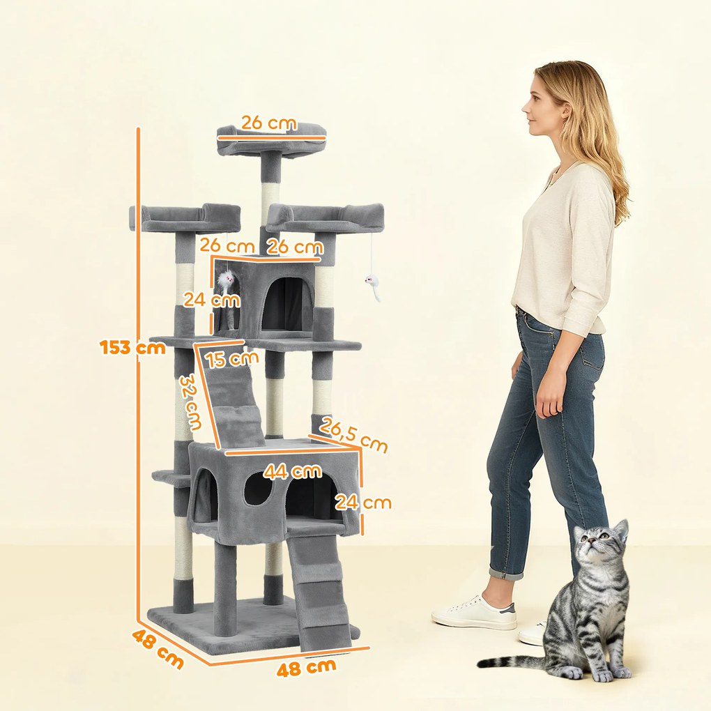 Arranhador para Gatos Arranhador de Gatos 153 cm com 2 Cavernas 3 Camas 2 Rampas Postes de Sisal e 2 Ratos Pendentes Cinzento