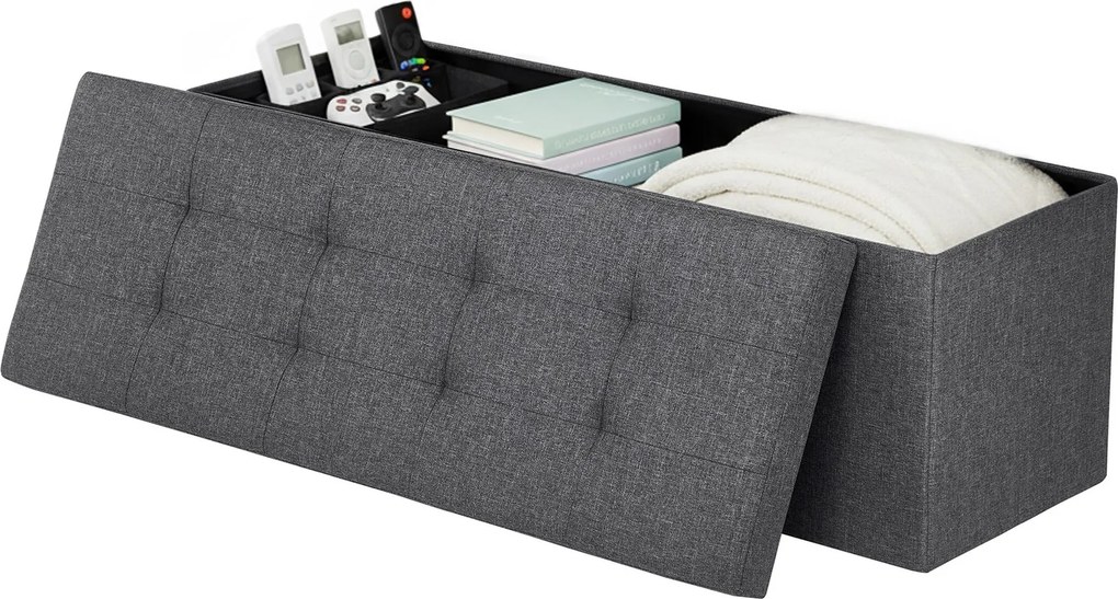 Banco com espaço de arrumação, baú rebatível, 38 x 110 x 38 cm cinzento