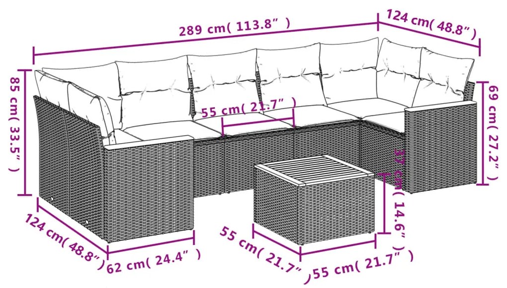 8 pcs conjunto de sofás p/ jardim com almofadões vime PE bege