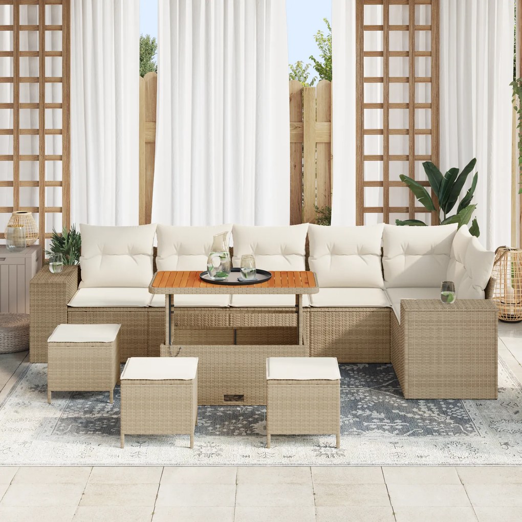 Conjunto de Sofás de Jardim de 10 Peças com Almofadas Bege Rattan Poli