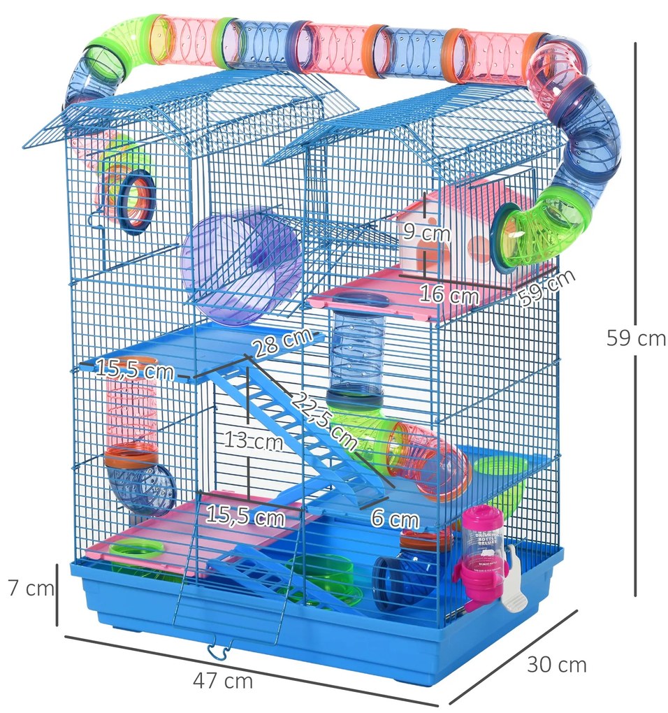 Gaiola de hamster multinível com plataformas domésticas 47x30x59 cm Azul