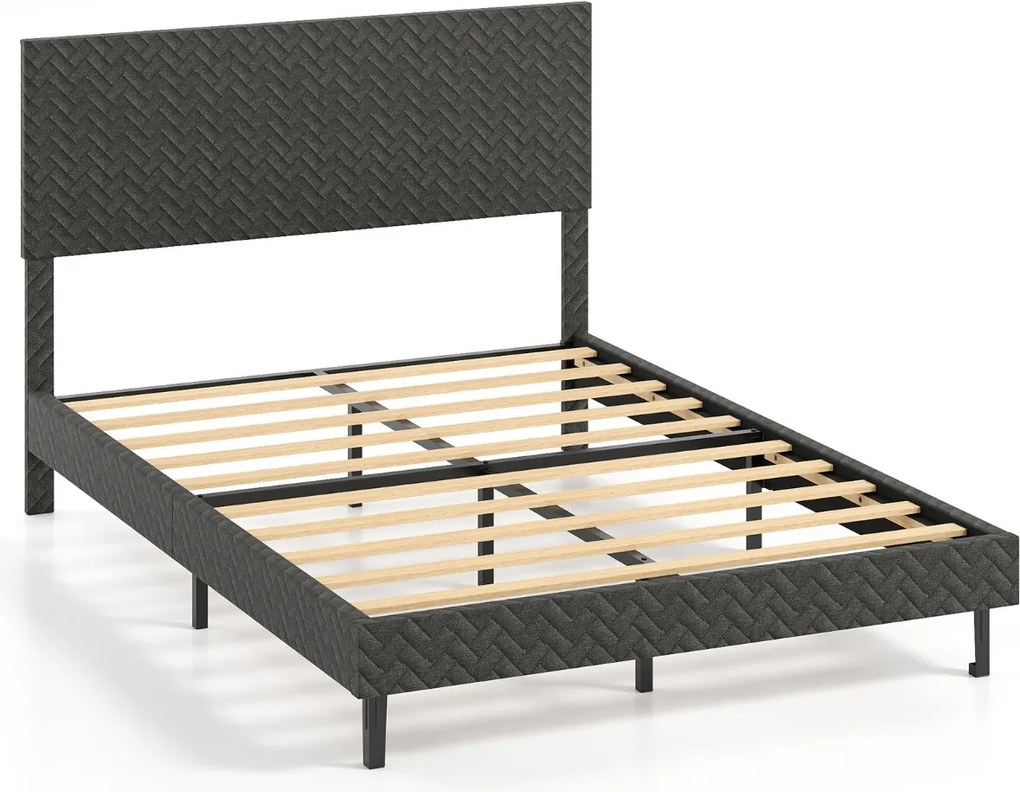 Estrutura de cama 140 x 200 cm com plataforma estofada (COLCHÃO NÃO INCLUIDO), cabeceira Chevron ajustável em altura e base de ripas de madeira incluí