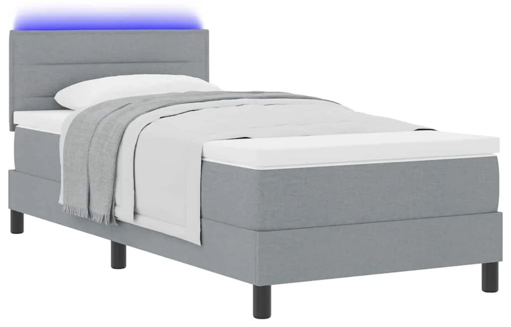 Cama Box com Colchão e Luz LED Cinza Claro 90x200 cm Tecido