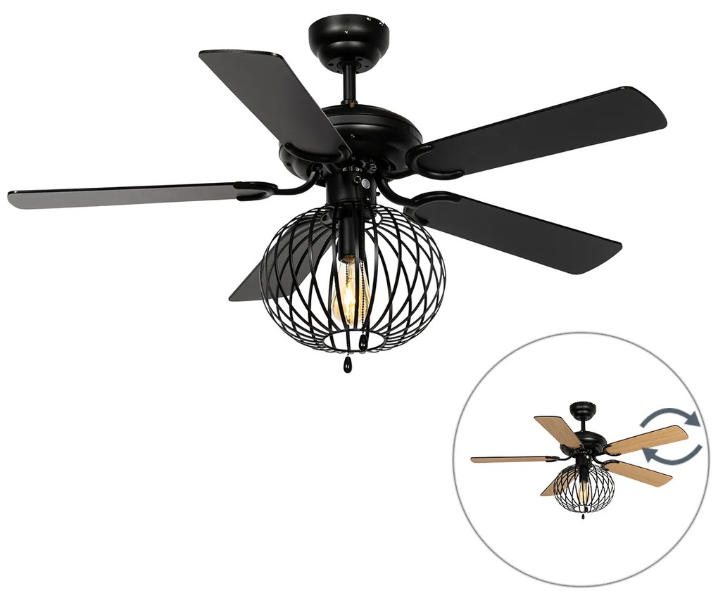 Ventilador de teto preto com madeira e puxador - Mistral Johanna Industrial