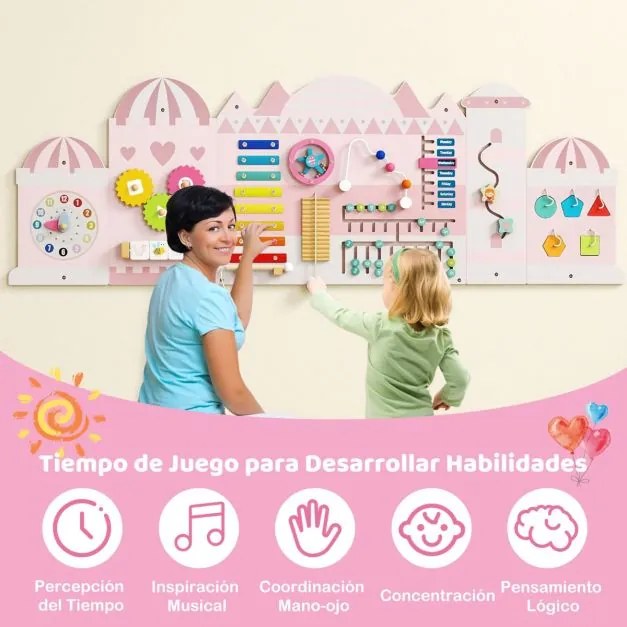Painel de atividades para crianças Quadro sensorial Montessori de madeira 11 em 1 para a educação e o desenvolvimento precoce Rosa