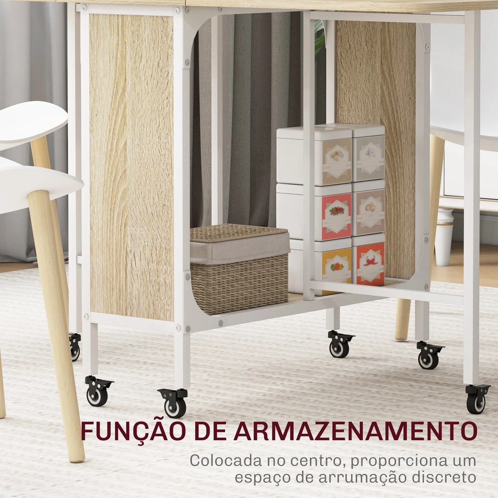 Mesa de Cozinha Dobrável Mesa de Refeição Dobrável com Rodas Laterais Abatíveis e Prateleira 130x80x74 cm Madeira e Branco