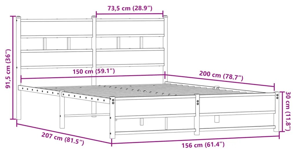 Estrutura de cama sem colchão 150x200cm metal carvalho sonoma