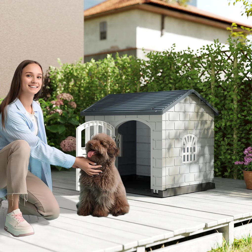Canil de plástico resistente às intempéries com porta com fechadura, 3 janelas e telhado inclinado para cães pequenos e gatos, azul