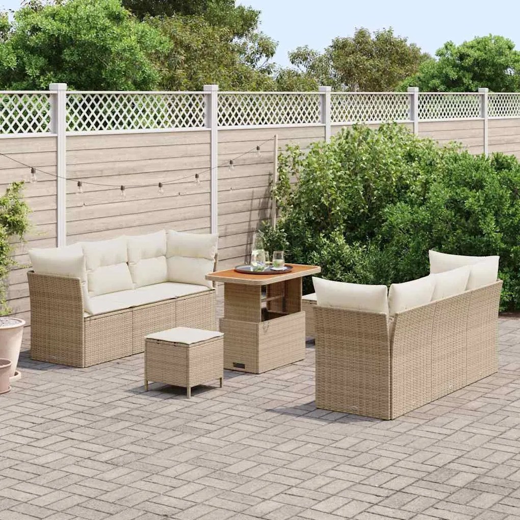 Sofá para Jardim com 9 Peças e Almofadas Bege em Rattan Sintético e Ac
