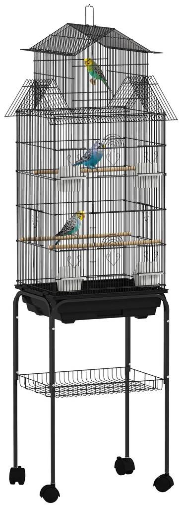 Gaiola de Metal para Pássaros com Bandeja Amovível Rodas 4 Comedouros 3 Poleiros e 1 Baloiço 50,5x41x163 cm Preto