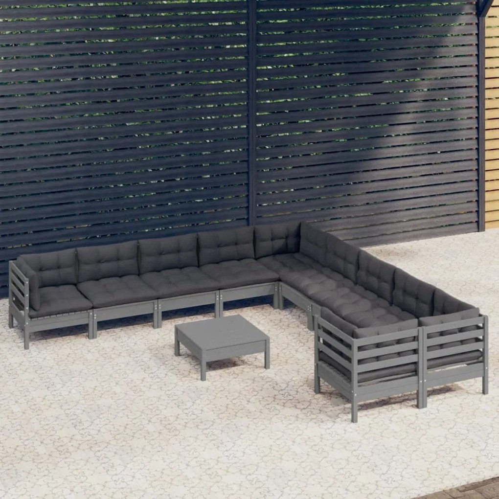 11 pcs conjunto lounge de jardim c/ almofadões pinho cinza