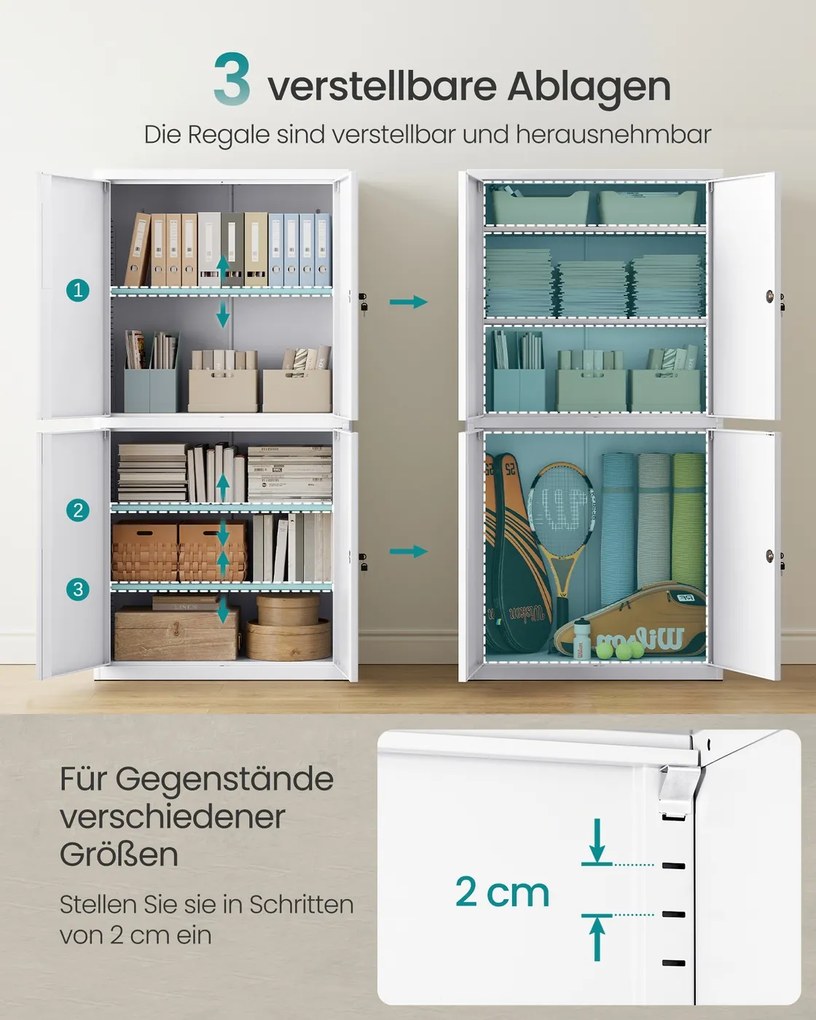 Armário arquivo com 4 portas e 5 prateleiras 40 x 80 x 180 cm branco mate