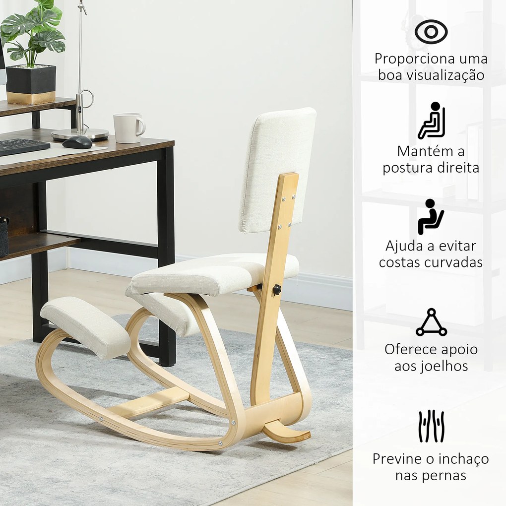 Cadeira Ergonómica de Joelhos com Encosto Almofadas Acolchoadas Estrutura de Madeira para Melhor Postura 51x84x93 cm Creme