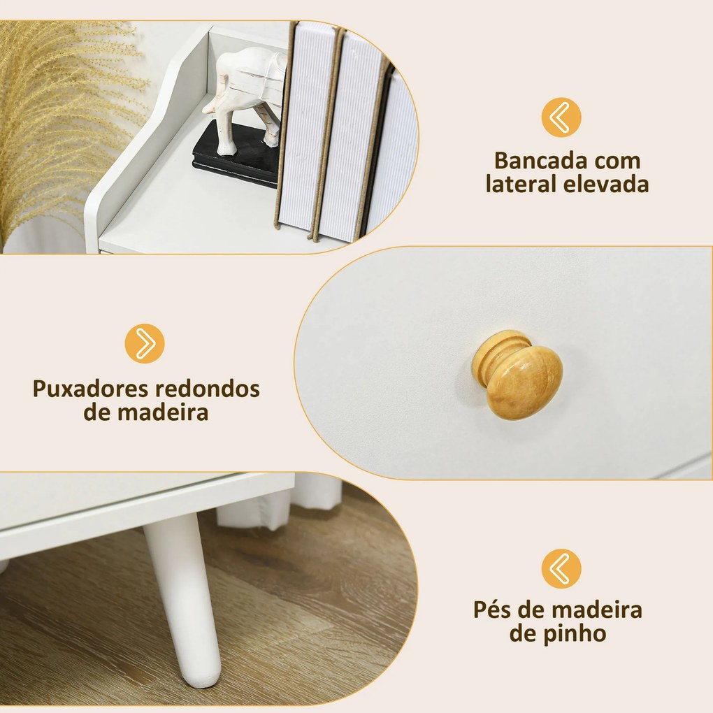 Aparador Sala de Estar Moderno com 2 Portas 3 Gavetas e Pés de Madeira de Pinho 90x32x80 cm Branco