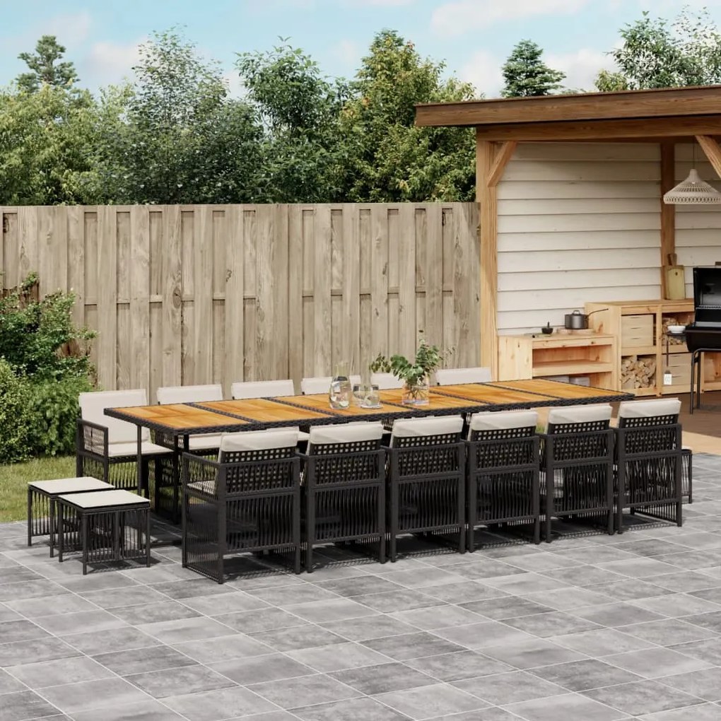 17 pcs conjunto de jantar p/ jardim c/ almofadões vime PE preto