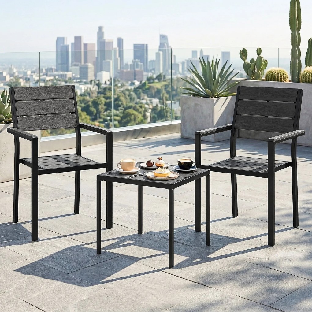 Conjunto de Jardim de 3 Peças com 2 Cadeiras e Mesa de HDPE Design com Ripas Efeito Madeira para Varanda Preto