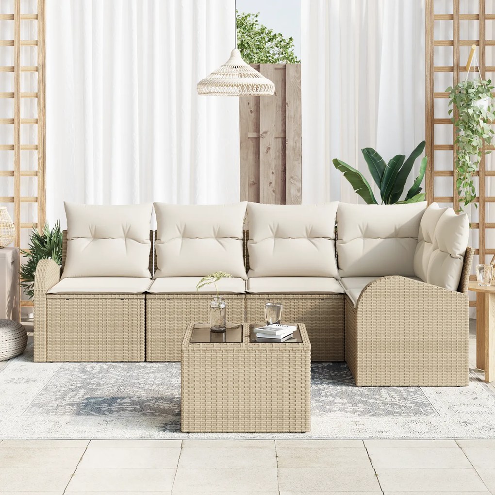Conjunto de Sofás de Jardim de 6 Peças com Almofadas Bege Poli Rattan