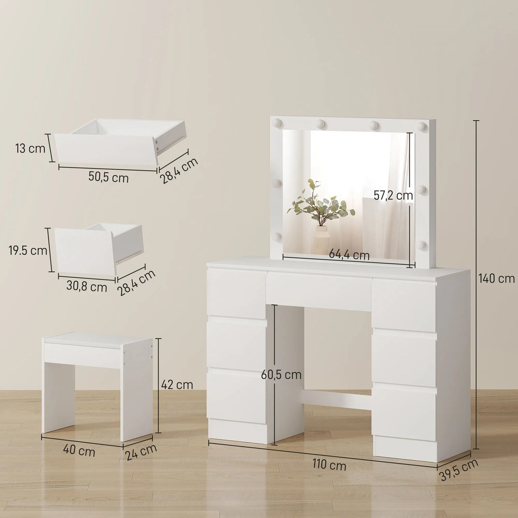 Conjunto de Toucador com Espelho e Banco, 110 x 39,5 x 140 cm, Espelho LED Ajustável, Branco
