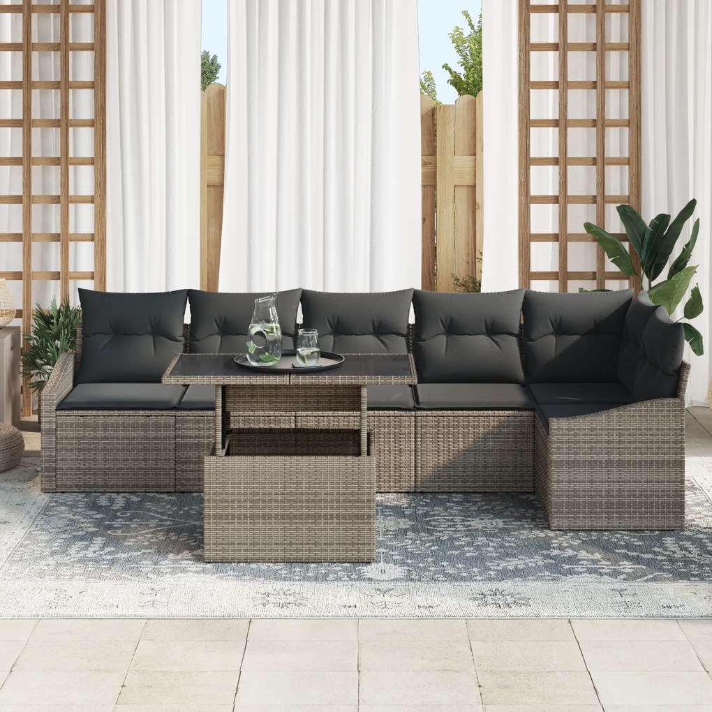 Conjunto de Sofá de Jardim de 7 Peças com Almofadas Cinza em Rattan Po