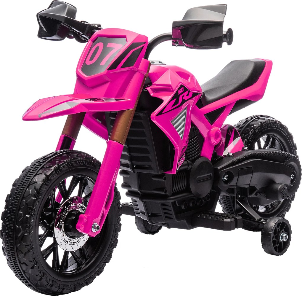 Motocross elétrico para crianças dos 3 aos 8 anos, bateria de 6 V, 2 motores, buzina e rodas de treino, capacidade de carga de 30 kg, cor-de-rosa