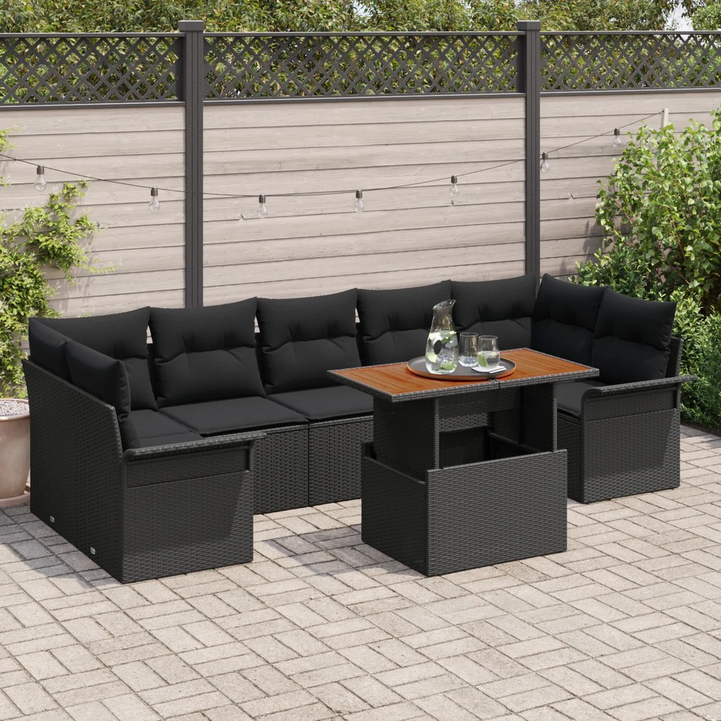 Conjunto de Sofá de Jardim vidaXL de 8 Peças com Almofadas Preto Ratta