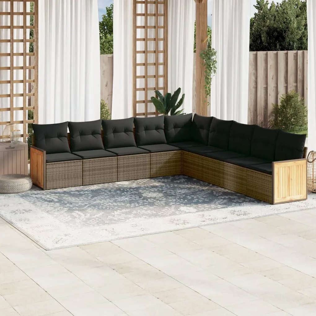 vidaXL 9 pcs conjunto sofás p/ jardim com almofadões vime PE cinzento