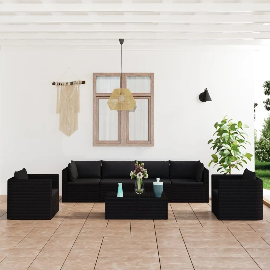 vidaXL 7 pcs conjunto lounge de jardim c/ almofadões vime PE preto