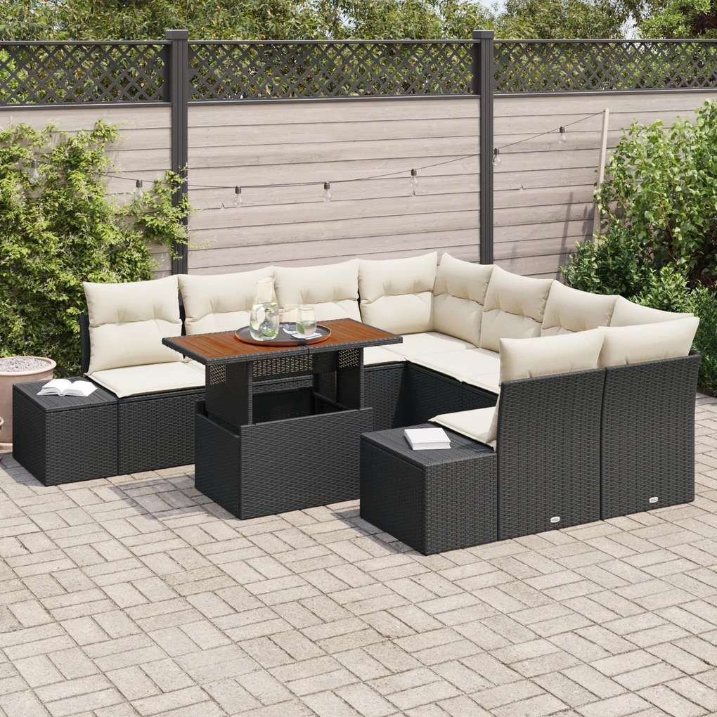Conjunto de Sofá de Jardim de 9 Peças com Almofadas Pretas em Rattan P