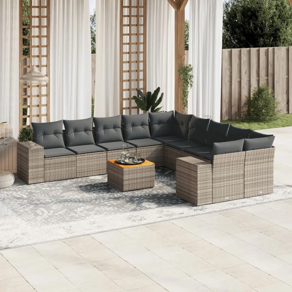 11 pcs conjunto sofás de jardim c/ almofadões vime PE cinzento