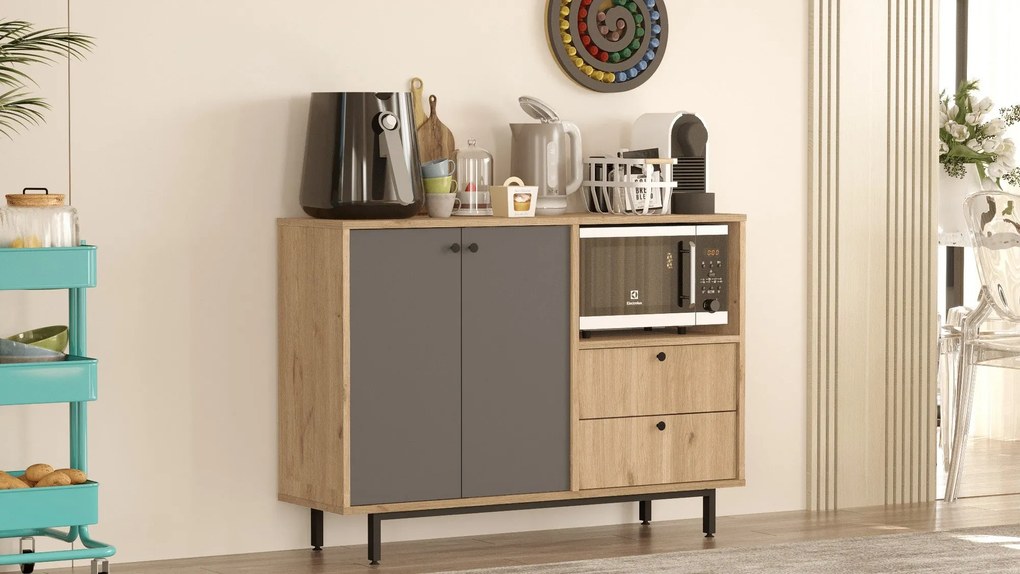 Aparador de cozinha "Toledo" - Carvalho e Antracite - 120x85x35.5cm -