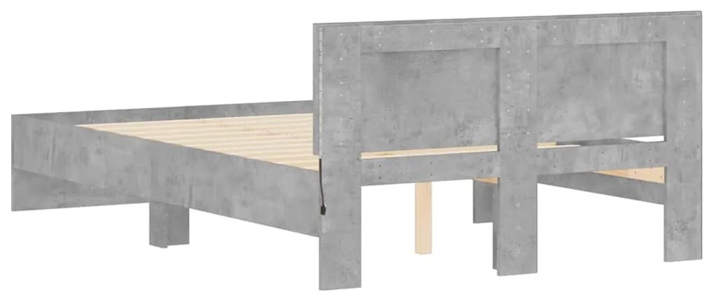 Estrutura cama cabeceira e luzes LED 135x190cm cinzento cimento