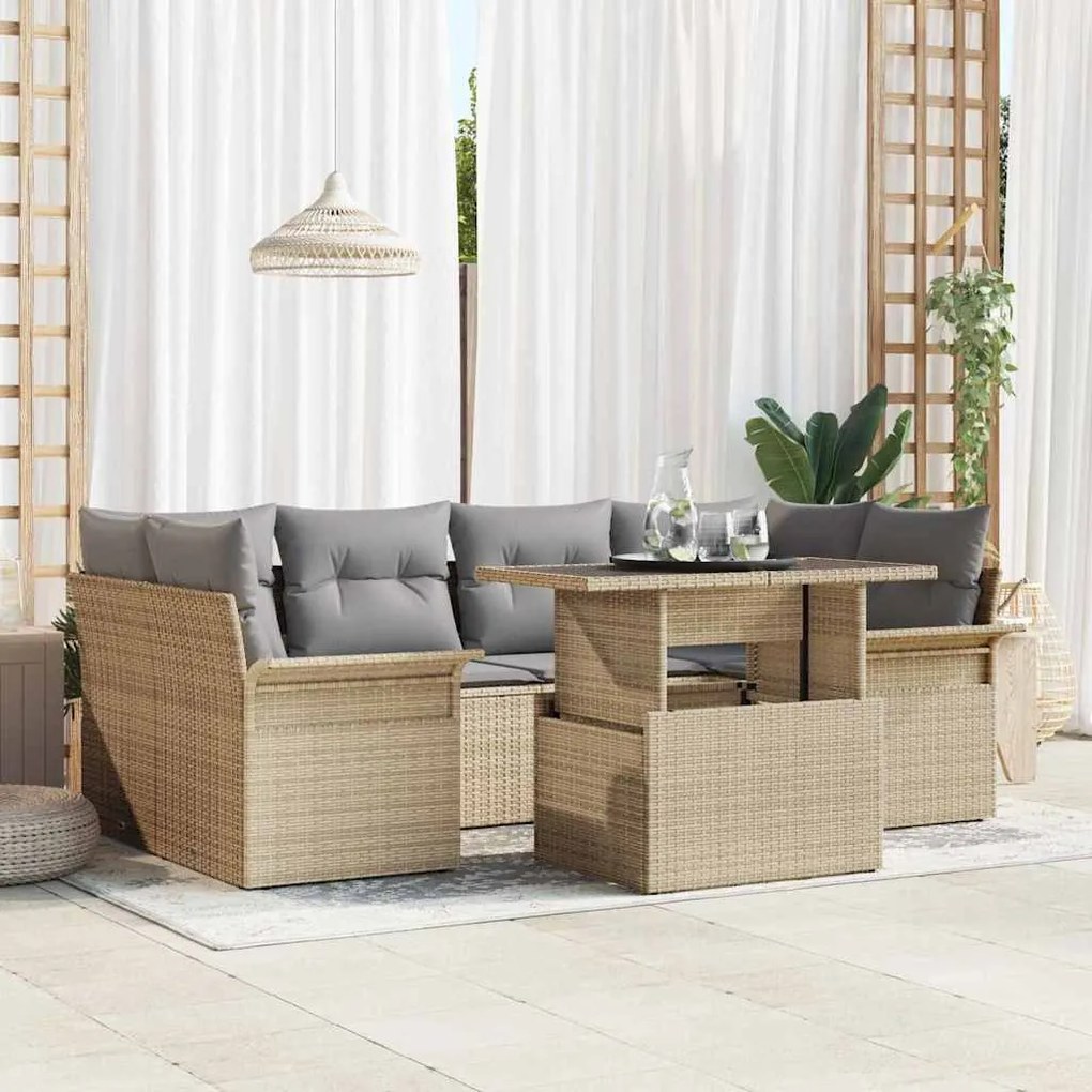 vidaXL Conjunto de Sofá de Jardim de 7 Peças com Almofadas Bege em Rattan Sintético