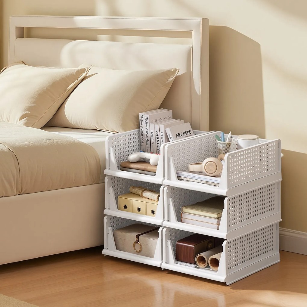 Conjunto de 6 cestos extensíveis dobráveis para armário, organizador empilhável para guarda-roupa brancos
