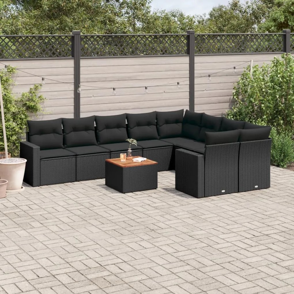 10 pcs conjunto sofás de jardim c/ almofadões vime PE preto
