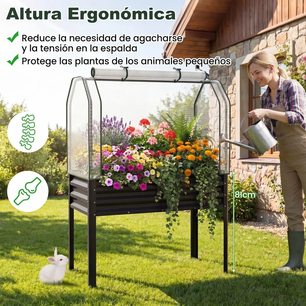 Floreira elevada com estufa 112 x 55 x 152 cm, canteiro de jardim em metal galvanizado com cobertura de proteção e porta enrolável para pátio, terraço