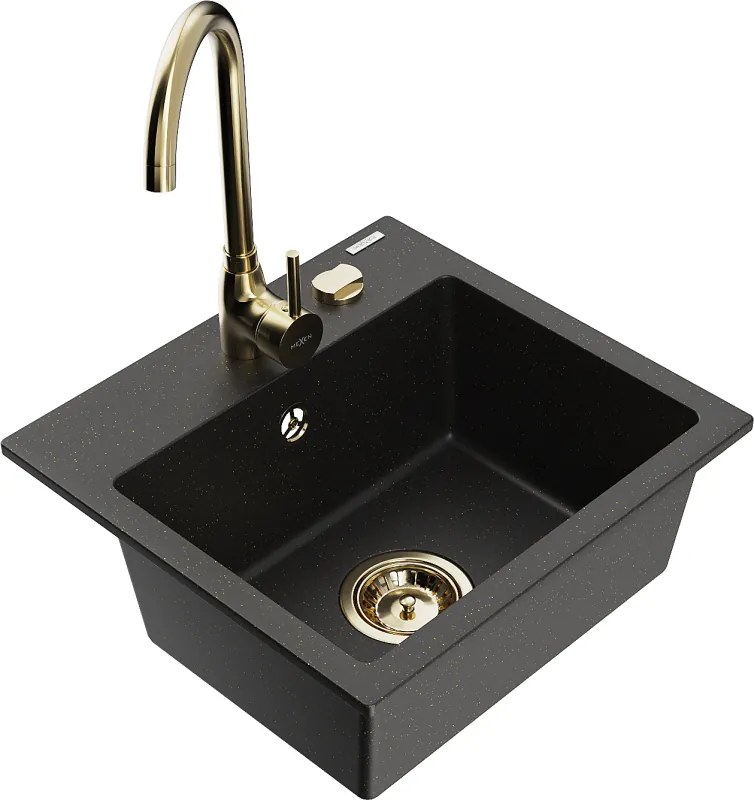 Mexen Milo lava-louça de granito de 1 câmara com torneira de cozinha Telma, preto/dourado - 6505-75-670200-50