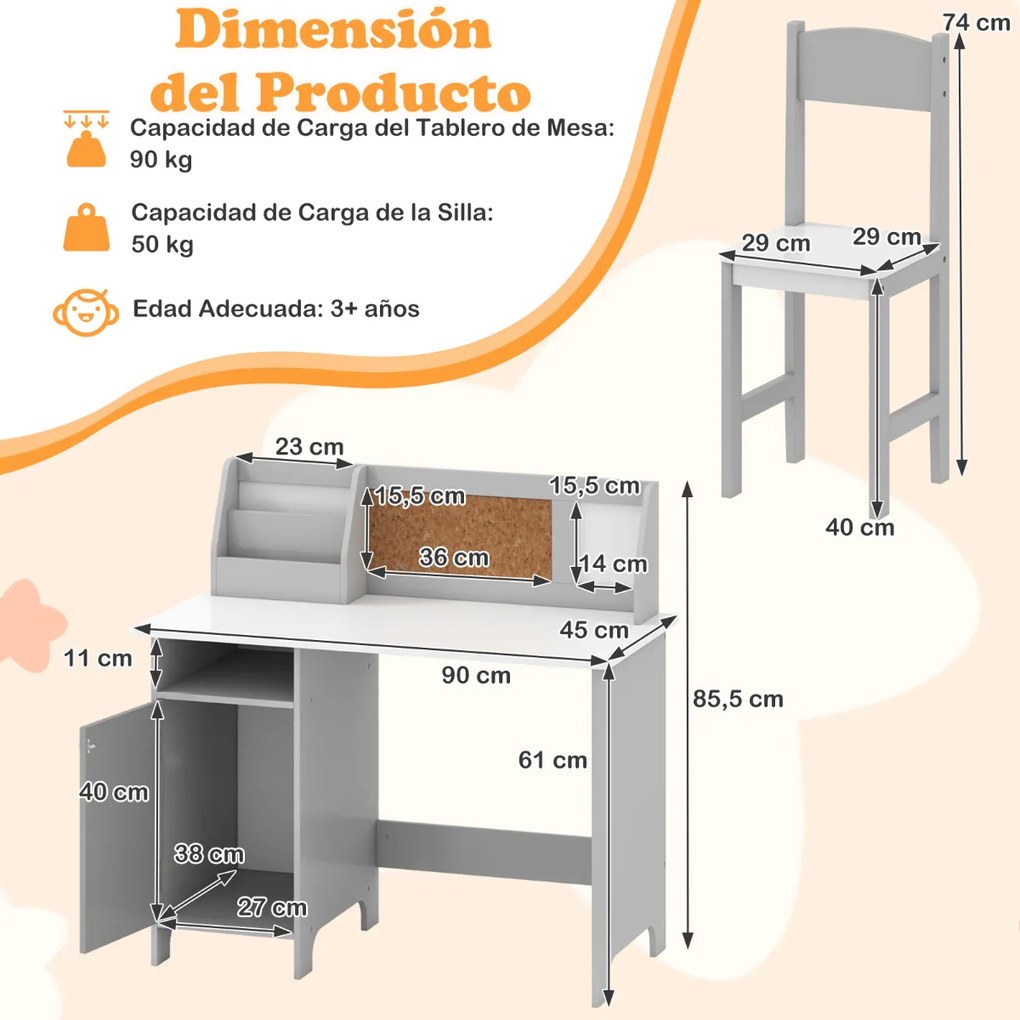 Conjunto de Secretaria e cadeira para crianças com quadro negro, marcador, prateleira e armário de armazenamento Cinzenta