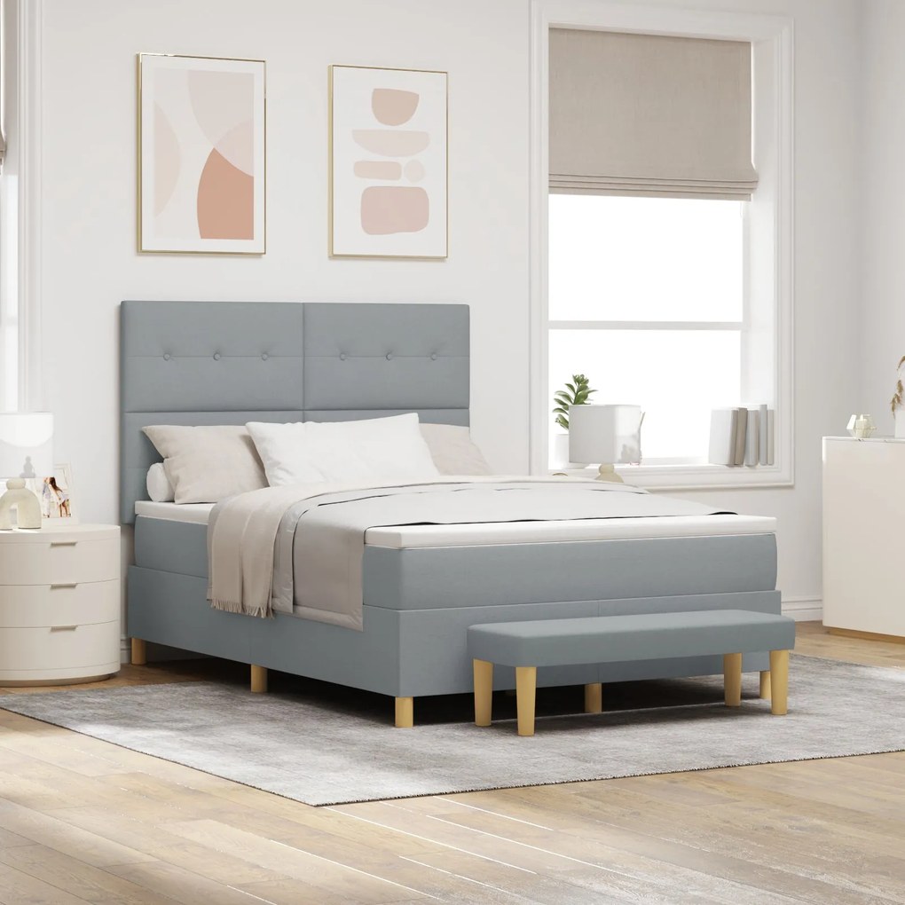 Cama Box Spring vidaXL com Colchão e Banco Cinza Claro 140x190 cm Teci