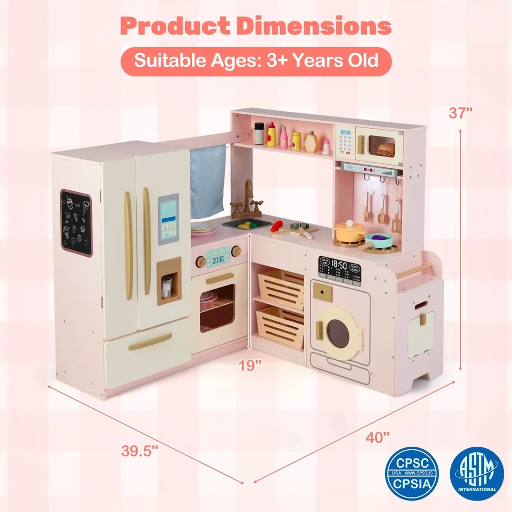 Cozinha infantil canto 102 × 100 × 94 cm com luzes e sons, frigorífico de duas portas, Geleira, micro-ondas e arrumação em madeira para crianças a par