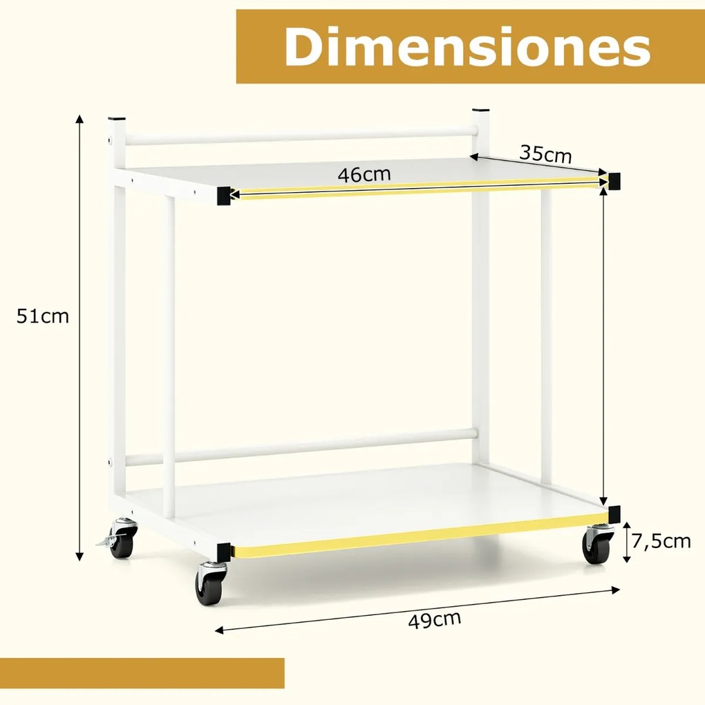 Carrinho de arrumação 49 x 35 x 51 cm móvel de 2 níveis com prateleiras abertas e bordas douradas para sala, quarto ou escritório - Branco
