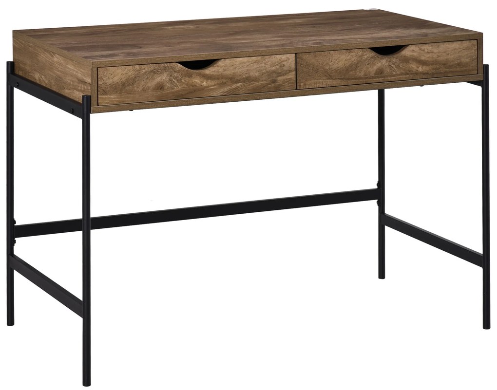 HOMCOM Mesa de Escritório Estilo Industrial 110x55x75 cm com 2 Gavetas Pernas de Metal Preto Tampo de MDF com Aspecto de Madeira | Aosom Portugal