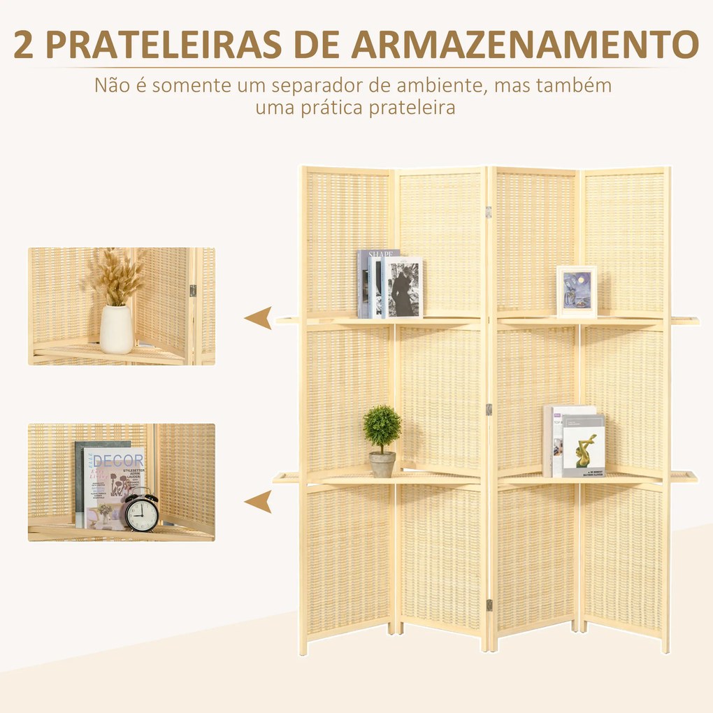 Biombo de 4 Painéis de Bambu Separador de Ambientes Dobrável com 2 Prateleiras Removíveis para Dormitório 180x180 cm Madeira