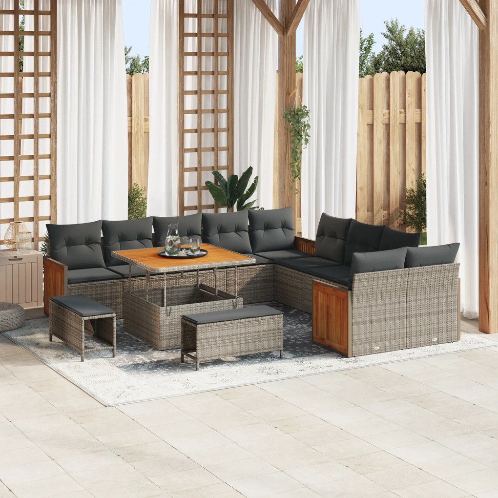 vidaXL Conjunto de Sofá de Jardim de 13 Peças com Almofadas Cinzas de Rattan Polihídrico e Acácia