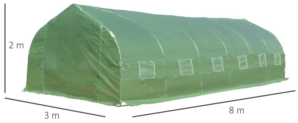 Estufa de jardim Tipo túnel para cultivo com 12 janelas e porta de enrolar Aço e PE 800x300x200 cm Verde
