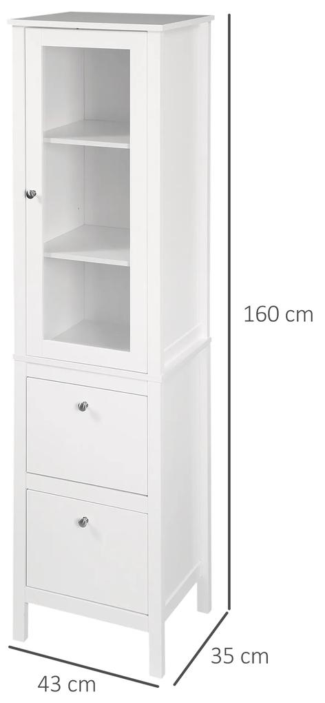 Armário alto para banheiro Armário com 1 porta de vidro prateleiras ajustáveis e 2 gavetas 43x35x160 cm Branco