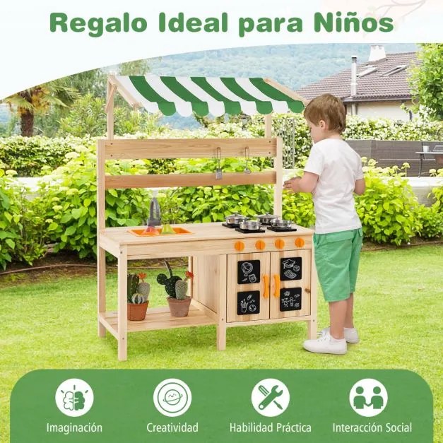 Cozinha de brincar de exterior para crianças em madeira de abeto com lava-loiça no teto 4 fogões com puxadores rotativos Natural