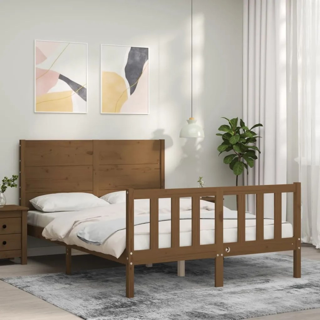Estrutura cama cabeceira 140x190 cm madeira maciça castanho-mel